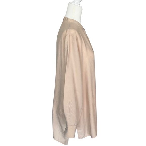ZARA Tan Lyocell Blend Button-Up Shirt Minimalist Collarless Long Sleeve Blouse - Picture 6 of 10